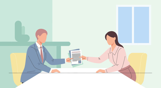 Man and woman in business meeting exchanging documents.