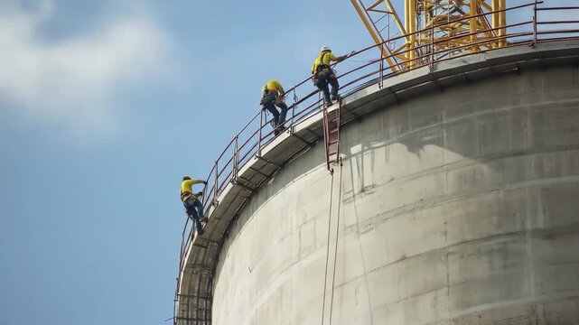 Three construction workers wearing safety harnesses work on top of a tall concrete silo in a low angle time lapse.