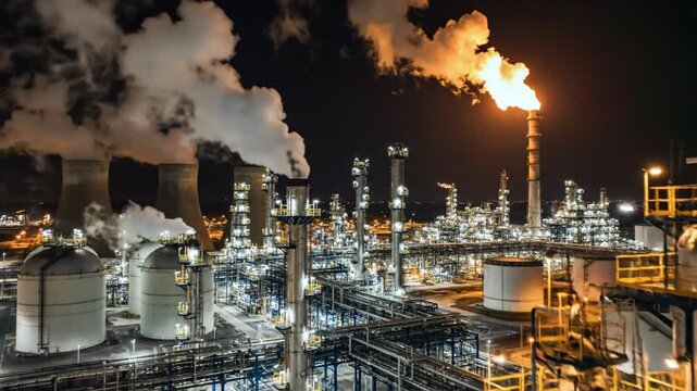 Industrial nighttime landscape of a chemical plant with bright lights, smoke, and flames from the flare stack