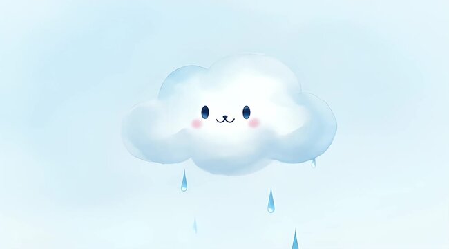 Kawaii cloud character with cute face and raindrops, whimsical watercolor animation of a smiling cloud, soft blue sky background for children
