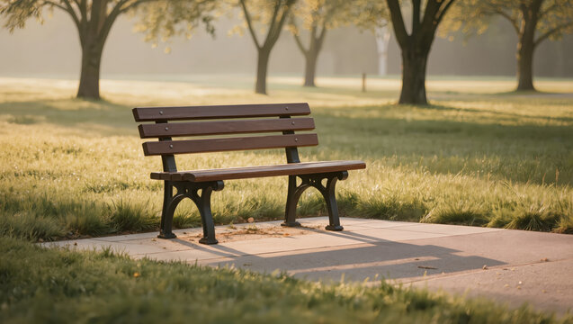 Empty park bench morning sunlight peaceful emotional balance daily life nature outdoor relaxation