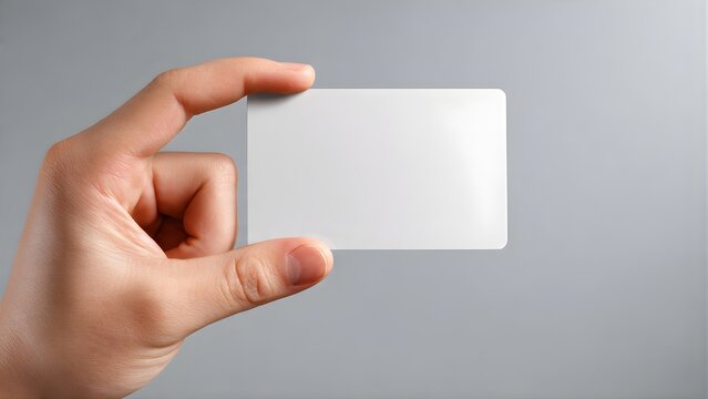 Hand holding a blank white credit card or business card.