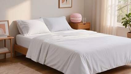 Obraz premium White bed sheet and pillow set create emotional balance for daily life in bright bedroom with natural light and simple decor