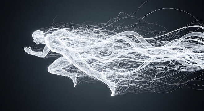 Glowing white human figure running with wispy energy trails against dark background