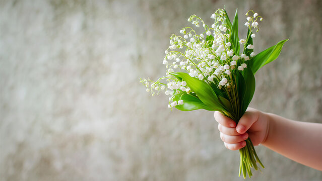 Child handing a bouquet of Lily of the valley flowerss, Mother's day or May 1st, May Day gift background with copy space