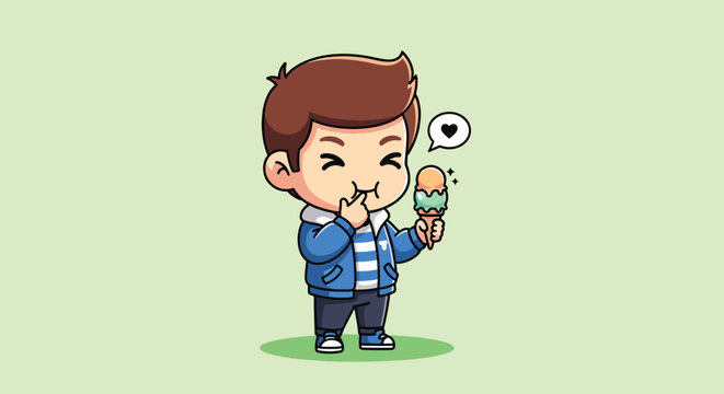 Cute Boy Enjoying Ice Cream Cone with Joyful Expression.