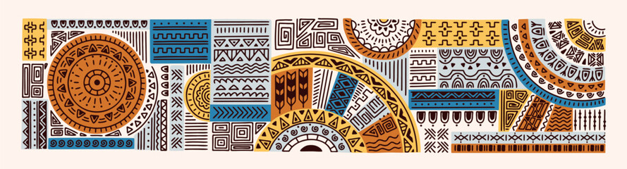 Ethnic tribal geometric patterns, motifs, elements. Abstract folk line drawings in bohemian style. African, Indian, Maya doodles, primal geometry, cave symbols. Hand-drawn vector illustration © Good Studio