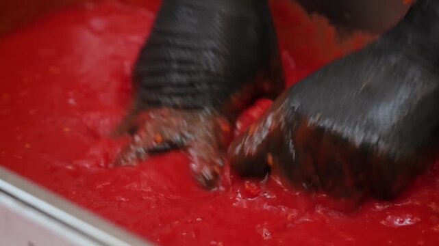 The footage captures the texture and rich color of what appears to be gourmet tomato paste, red velvet cake batter, or industrial-strength food coloring being prepared for a large-scale recipe.