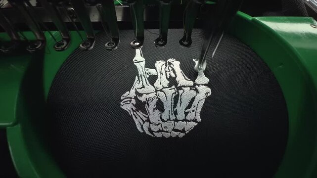 Industrial Machine Stitching White Skeleton Hand Rock Sign Logo on Black Fabric Edgy Alternative Streetwear Branding Process Handheld Slow Motion Authentic Production Macro Close Up