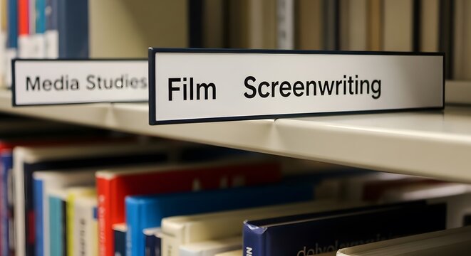Selective focus on library shelf labels for film and screenwriting sections with blurry colorful books in background.