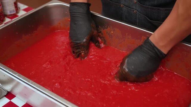 The footage captures the texture and rich color of what appears to be gourmet tomato paste, red velvet cake batter, or industrial-strength food coloring being prepared for a large-scale recipe.