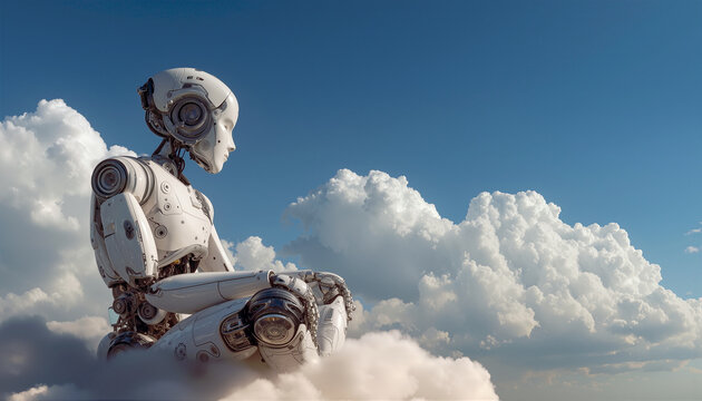 White humanoid robot sits in profile above soft clouds under a clear blue sky, with detailed mechanical joints, circular components, and smooth futuristic body panels.