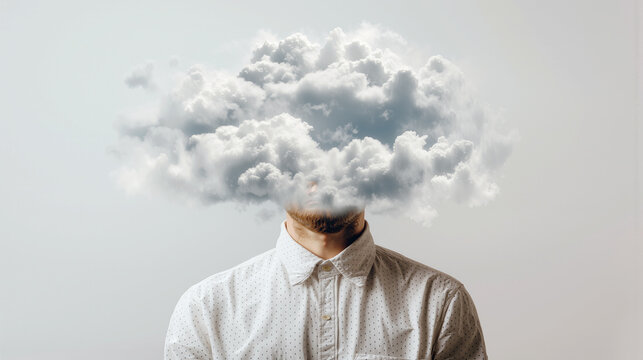 Person in a white shirt with their head replaced by a large fluffy cloud against a plain light gray background, creating a surreal, minimalist portrait composition.