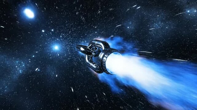 Futuristic silver rocketship traveling at high speed through space against a starlit background