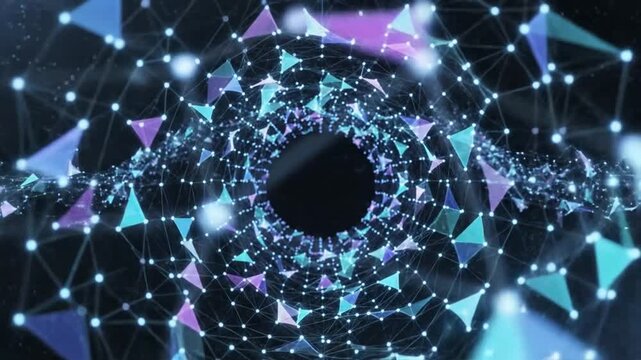 Abstract data visualization animation showing interconnected glowing spheres and geometric shapes in a digital network