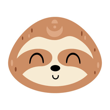 Boho Sloth Face Clipart. Cute Woodland Animal Illustration. Cartoon Forest Character Design. Vector Graphic.