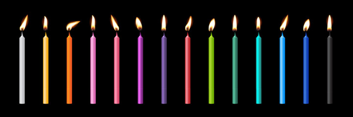 Naklejka premium Birthday number candles for cake. 3d birthday candles with different colors and glowing flames. Colorful party decoration elements for happy celebration. Festive realistic vector illustration.