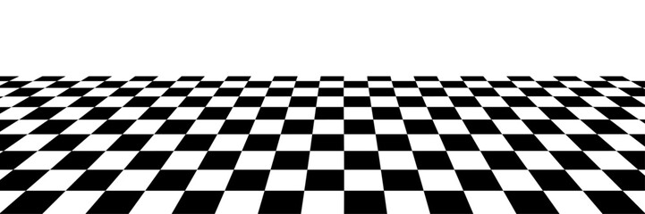 Obraz premium Classic checkered floor pattern with black and white tiles creating dramatic perspective depth in empty retro space with geometric grid design.
