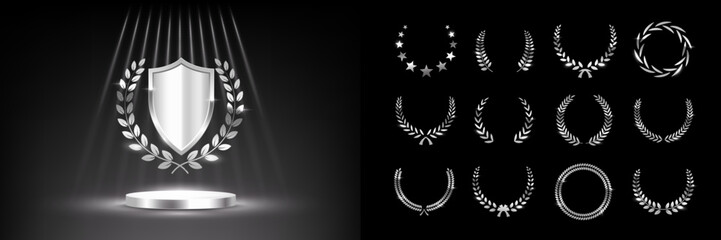Silver award podium with laurel wreath, shield, spotlight and set of different golden laurel wreaths. Luxury templates for product presentation, winner ceremony. Elegant glamour vector illustration. © backup16