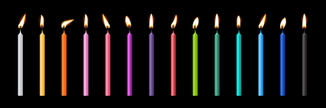 Birthday number candles for cake. 3d birthday candles with different colors and glowing flames. Colorful party decoration elements for happy celebration. Festive realistic vector illustration.