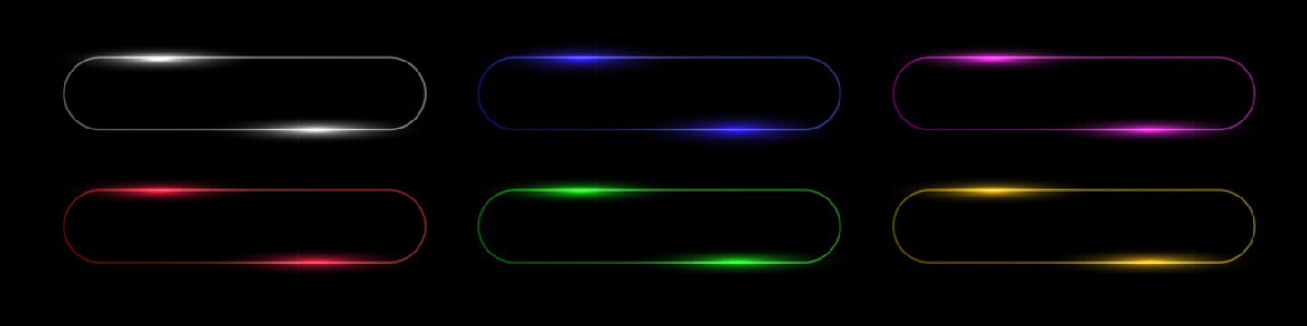 Neon glow light rounded rectangle frames. Led rectangular game buttons. Color light outlines on transparent with soft luminous effect. Futuristic UI elements. Geometric vector illustrations set.
