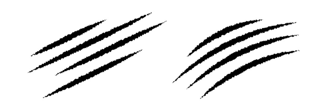 Black claw scratch marks with torn edges. Wild animal slash traces showing sharp nail damage. Design element for horror, fantasy, mystery, Halloween. Realistic vector illustrations set.