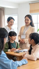 Fototapeta premium A candid shot showing an educational setting with adults smiling and interacting with young children. Two children are looking at a teacher
