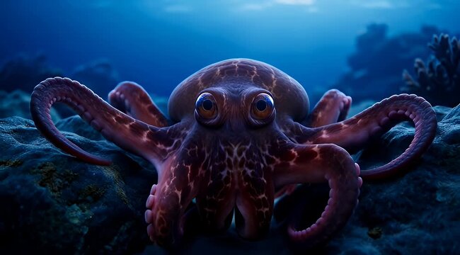 Cinematic octopus underwater on ocean floor, majestic cephalopod with large eyes in deep blue sea, marine life wildlife footage