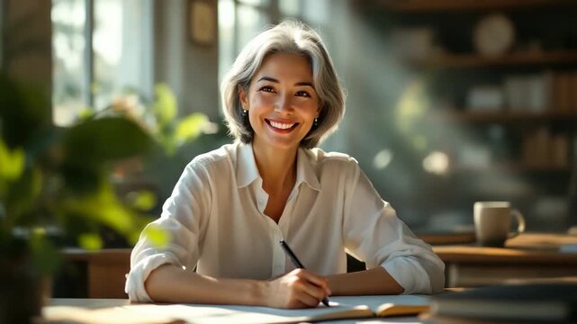 Adult female teacher with gray hair sitting at desk in spacious office with sunlight, education expertise, academic leadership, teaching profession, knowledge sharing.