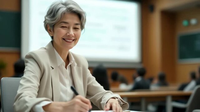 Adult Asian female teacher with gray hair sitting at desk in classroom with students and digital board, academic engagement, teaching profession, interactive learning.