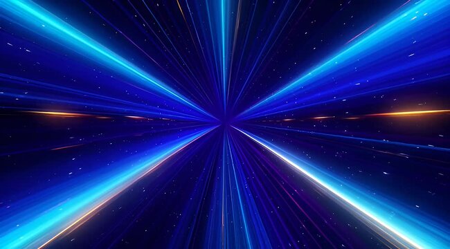 Futuristic blue light rays in motion, abstract speed lines background, high energy cosmic warp tunnel, cinematic sci-fi laser beam animation