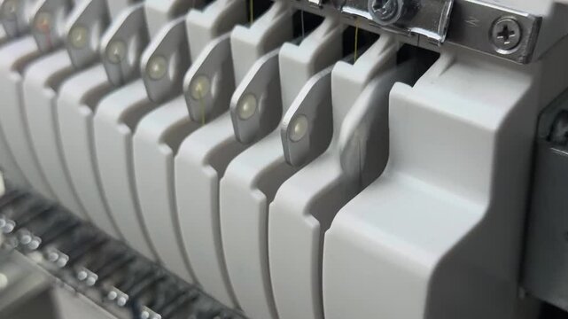 Macro Close Up of Industrial Multi-Needle Embroidery Machine Take-up Levers Moving Synchronously in Garment Factory Handheld Slow Motion Professional Mechanical Detail