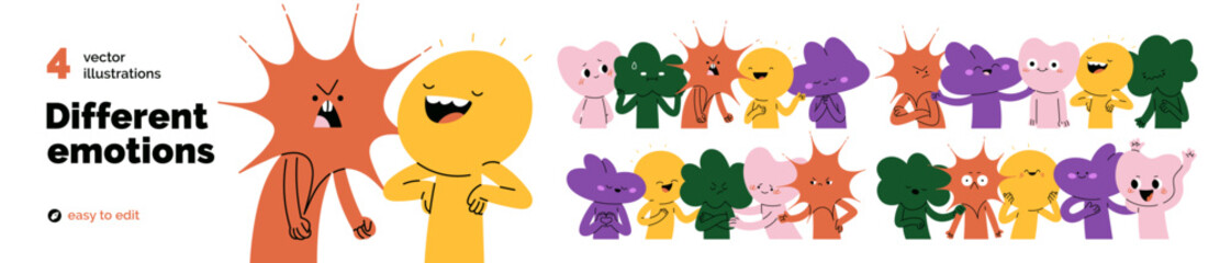 Obraz na płótnie Canvas Cute characters with different emotions, set. Happy, positive and angry, sad, negative face expressions, good and bad feelings, moods. Colorful flat vector illustrations isolated on white background