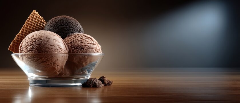 A glass bowl holds a t-shaped arrangement of chocolate and wafers on a dark wood table with plates and mugs nearby