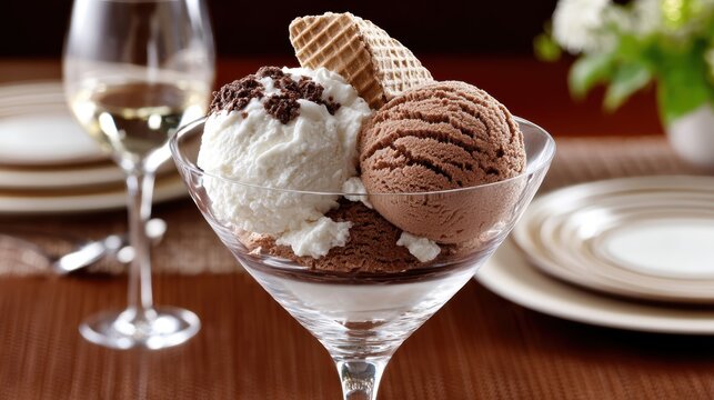 A glass bowl holds a t-shaped arrangement of chocolate and wafers on a dark wood table with plates and mugs nearby
