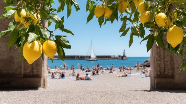 People relax on the beach under lemon trees next to clear water and coastal buildings on a sunny day along the shore