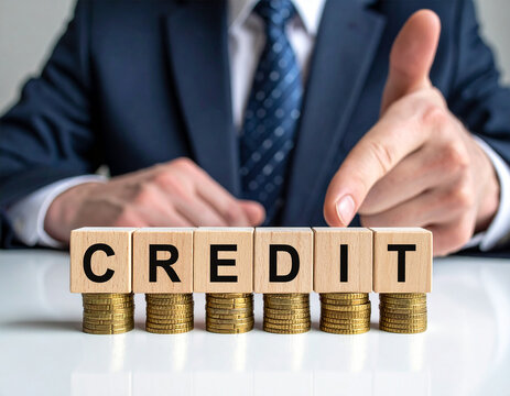 Credit - Geschäftsmann zeigt auf das Wort "Credit"