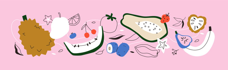 Tropical fruits, exotic food, horizontal banner, composition. Healthy natural pattern with modern doodle style banana, papaya, durian, mango, strawberry. Creative whimsical flat vector illustration