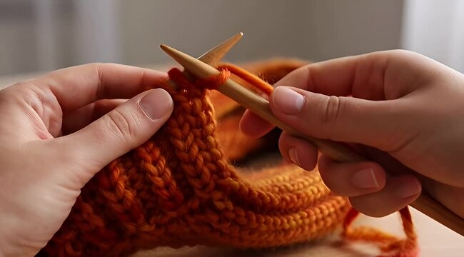 Handmade knitting with orange wool yarn and wooden needles, close up of hands knitting a warm winter sweater, cozy handicraft hobby at home