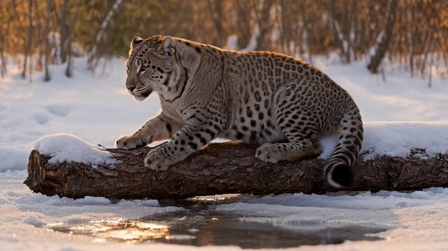Snow leopard crouching on fallen log in winter forest, majestic wild cat in snowy landscape, cinematic wildlife footage of leopard in golden hour light