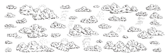 Clouds sketch with wind, rain and sun beams. Sky with different weather elements in a linear doodles. Vector sketchy cloudscape background. Fluffy, gloomy and quirky sky forms isolated. © Syuzann q