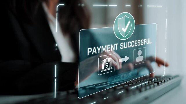 Successful transaction message showing secure payment. Payment confirmed, secured, payment processed, and payment completed with trust and transaction integrity. Marrow