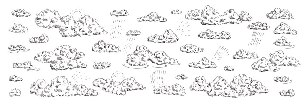 Clouds sketch with wind, rain and sun beams. Sky with different weather elements in a linear doodles. Vector sketchy cloudscape background. Fluffy, gloomy and quirky sky forms isolated.