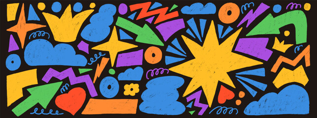 Fototapeta premium Childish doodle geometric shapes with grunge texture set. Stars, crown, arrows and vector figures by pencil. Organic playful stickers doodle isolated on dark background. Graphic hand drawn elements.