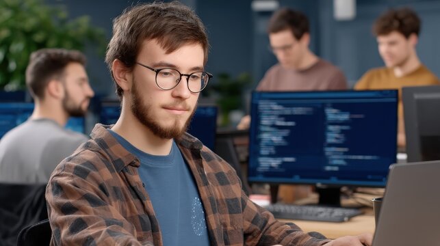 A male programmer sits at a computer writing code surrounded by colleagues in a modern office with blue lights and AI graphics