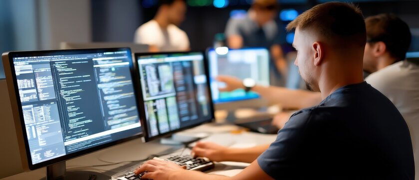A male programmer sits at a computer writing code surrounded by colleagues in a modern office with blue lights and AI graphics