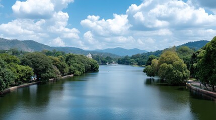 Fototapeta premium A wide river flowing under a clear blue sky with white clouds during the summer. Green trees line the banks