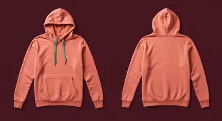 Front and Back View of a Coral Peach Hooded Sweatshirt Displayed as a Flat Lay Mockup on a Dark Maroon Background for Streetwear Design and E-commerce Apparel Listings