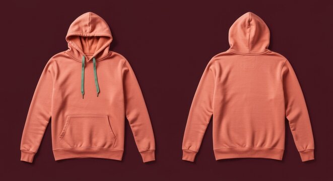 Front and Back View of a Coral Peach Hooded Sweatshirt Displayed as a Flat Lay Mockup on a Dark Maroon Background for Streetwear Design and E-commerce Apparel Listings