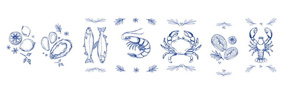 Hand drawn seafood icon set with fish shrimp crab lobster oyster mussel and lemon elements in blue line style for menu design packaging restaurant branding, food related graphics.Vector illustration